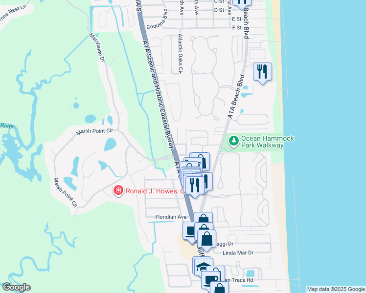 map of restaurants, bars, coffee shops, grocery stores, and more near 201 Sevilla Street in St. Augustine