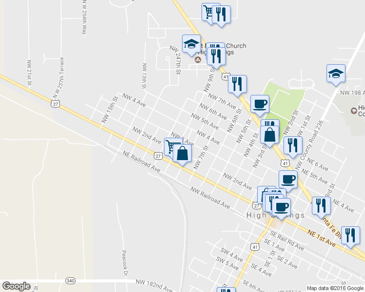 map of restaurants, bars, coffee shops, grocery stores, and more near 205 Northwest 9th Street in High Springs