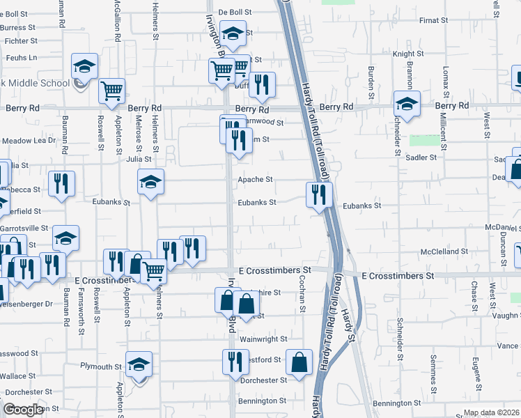 map of restaurants, bars, coffee shops, grocery stores, and more near 902 Eubanks St in Houston