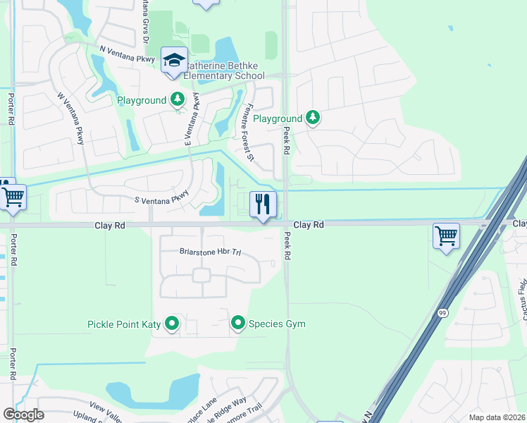 map of restaurants, bars, coffee shops, grocery stores, and more near 23605-23607 Clay Road in Katy