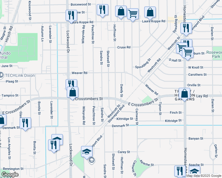 map of restaurants, bars, coffee shops, grocery stores, and more near 7818 Shotwell Street in Houston