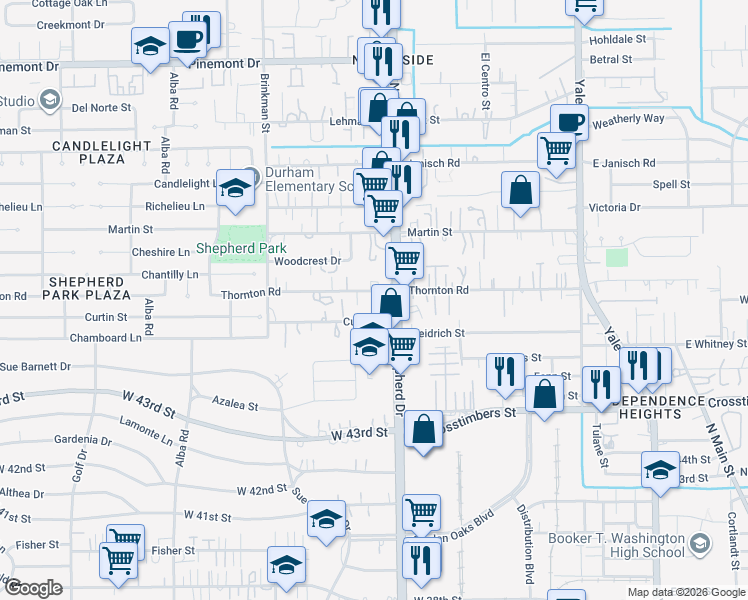 map of restaurants, bars, coffee shops, grocery stores, and more near 4617 North Shepherd Drive in Houston