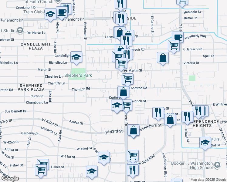 map of restaurants, bars, coffee shops, grocery stores, and more near 4617 North Shepherd Drive in Houston