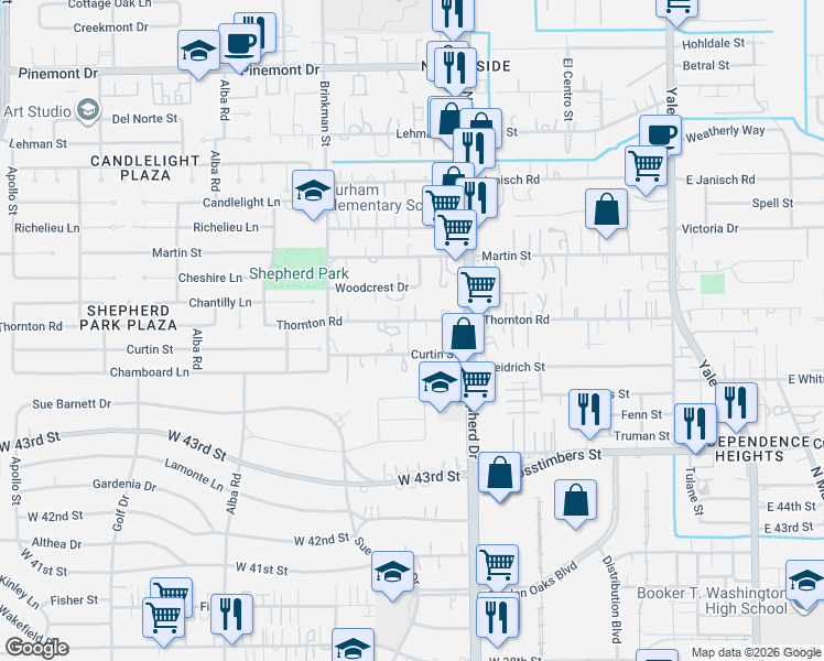 map of restaurants, bars, coffee shops, grocery stores, and more near 814 Curtin Street in Houston