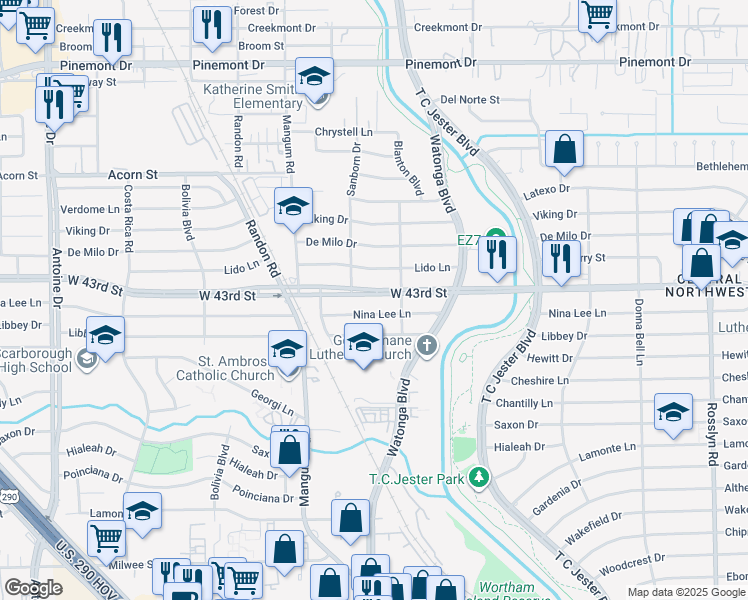map of restaurants, bars, coffee shops, grocery stores, and more near 4510 Nina Lee Lane in Houston