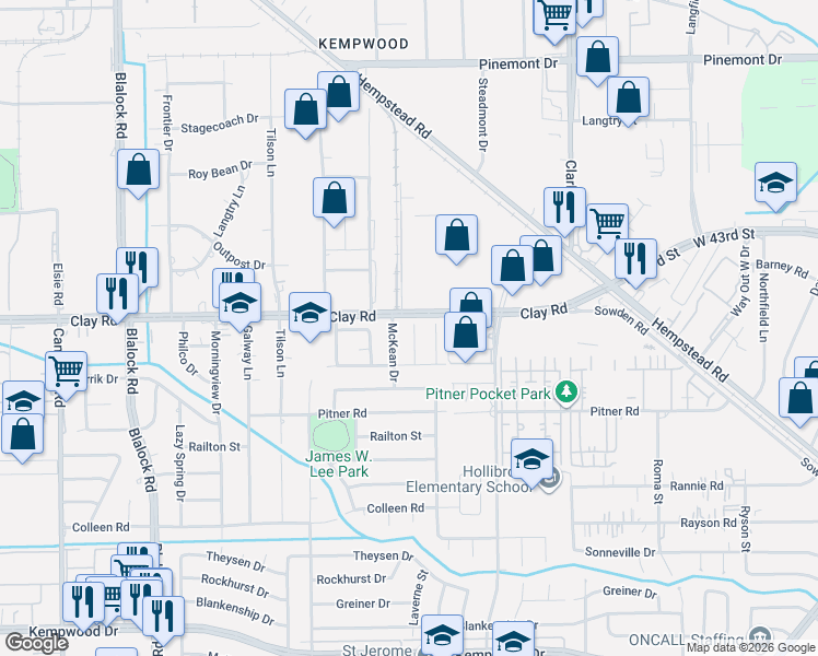 map of restaurants, bars, coffee shops, grocery stores, and more near 4207 Birchton Street in Houston