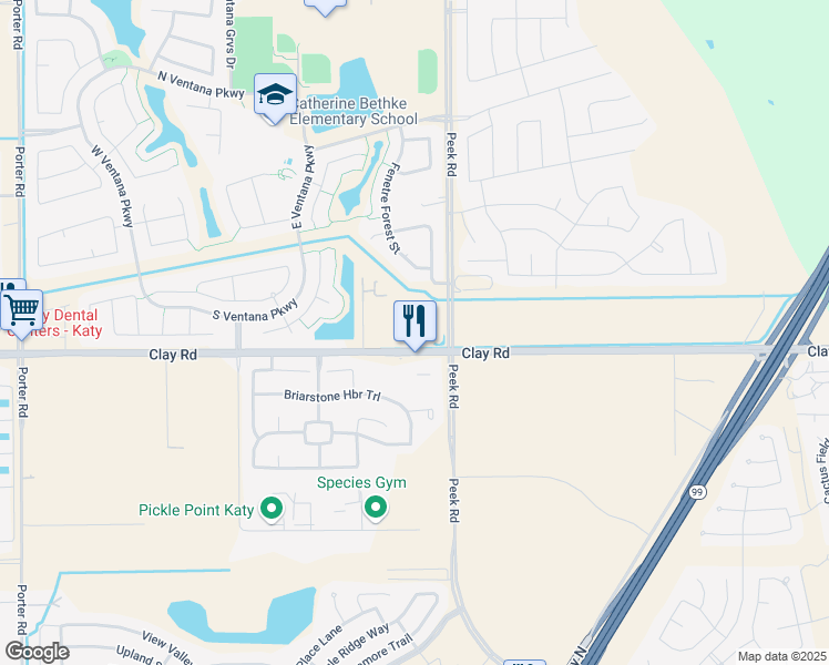 map of restaurants, bars, coffee shops, grocery stores, and more near 23605-23607 Clay Road in Katy