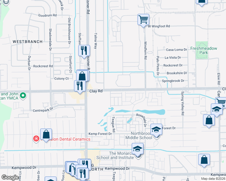 map of restaurants, bars, coffee shops, grocery stores, and more near 10017 Clay Road in Houston
