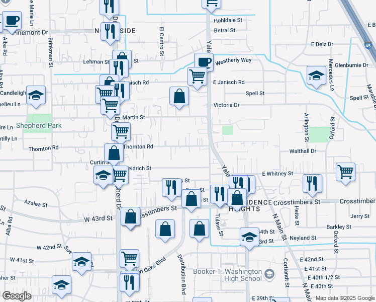 map of restaurants, bars, coffee shops, grocery stores, and more near 327 Thornton Road in Houston