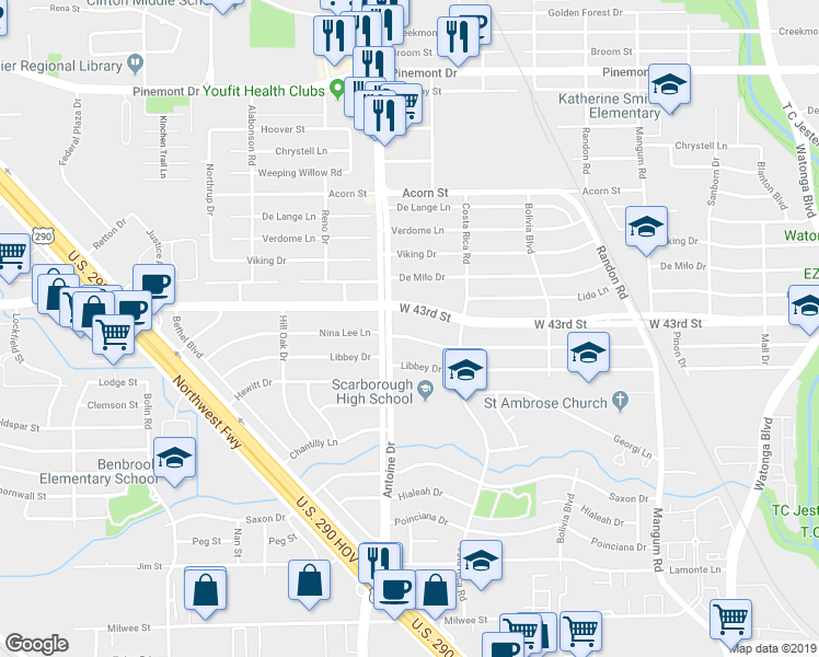 map of restaurants, bars, coffee shops, grocery stores, and more near 5414 Nina Lee Lane in Houston