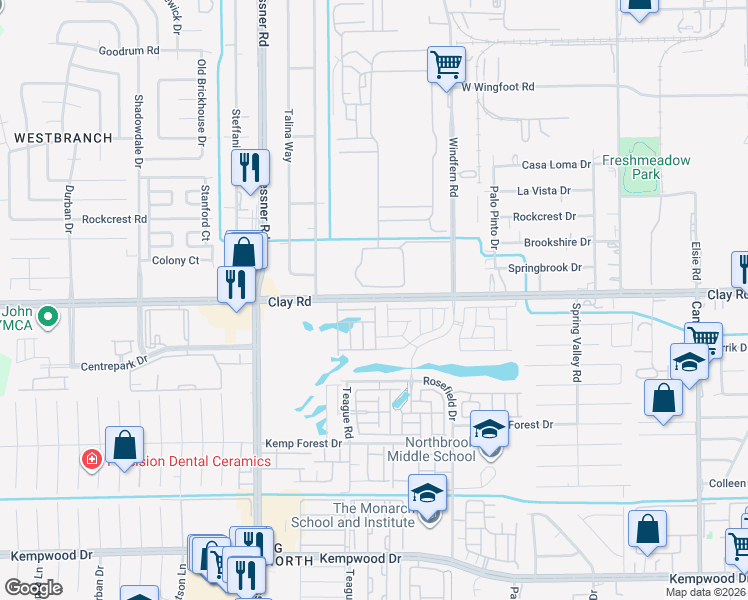 map of restaurants, bars, coffee shops, grocery stores, and more near 9983 Clay Road in Houston