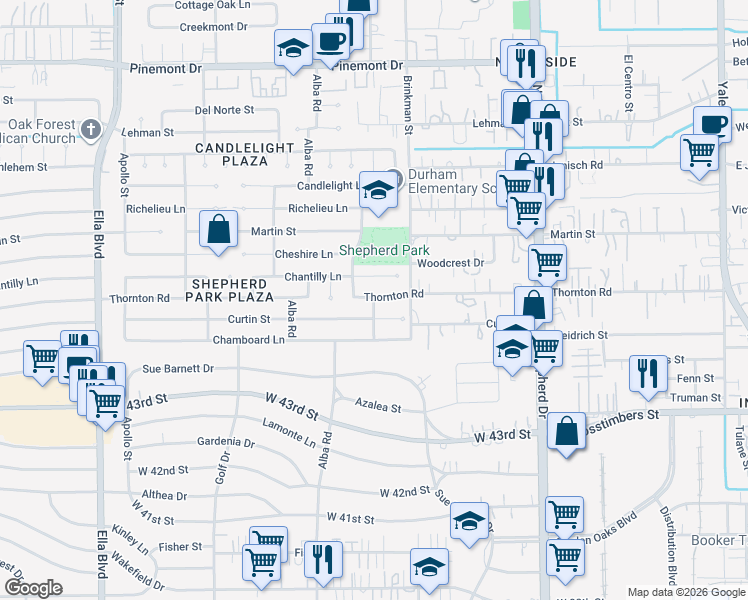map of restaurants, bars, coffee shops, grocery stores, and more near 4608 Dunsmere Road in Houston