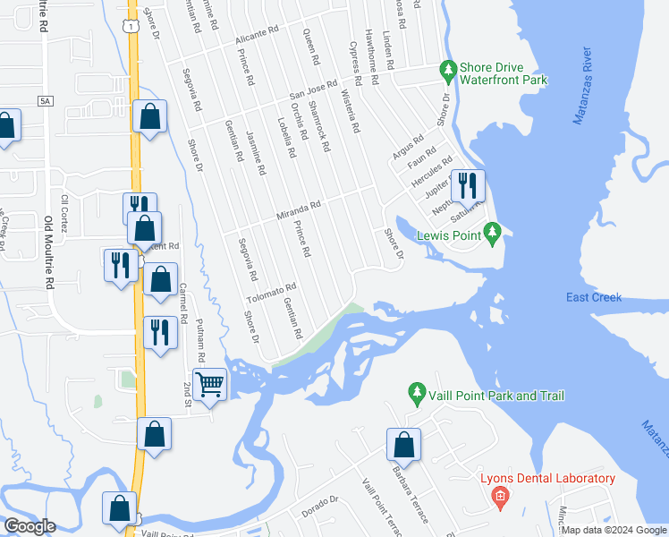 map of restaurants, bars, coffee shops, grocery stores, and more near 447 Lobelia Road in St. Augustine