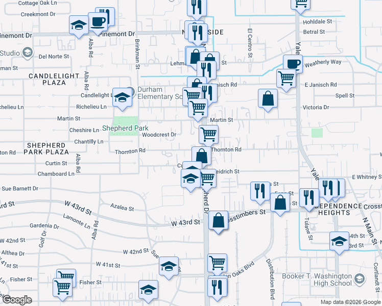 map of restaurants, bars, coffee shops, grocery stores, and more near 4617 North Shepherd Drive in Houston