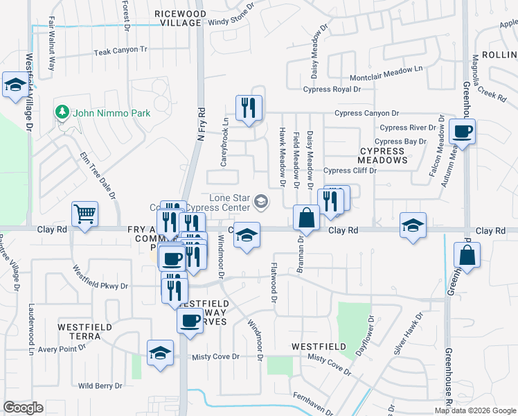 map of restaurants, bars, coffee shops, grocery stores, and more near 19710 Clay Road in Katy