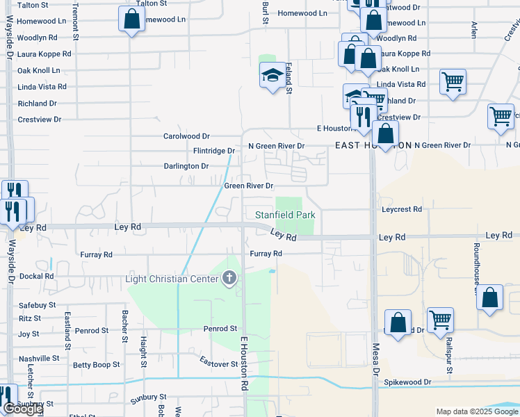 map of restaurants, bars, coffee shops, grocery stores, and more near 7600 East Houston Road in Houston