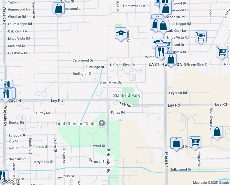 map of restaurants, bars, coffee shops, grocery stores, and more near 7600 East Houston Road in Houston