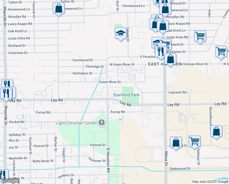 map of restaurants, bars, coffee shops, grocery stores, and more near 7600 East Houston Road in Houston