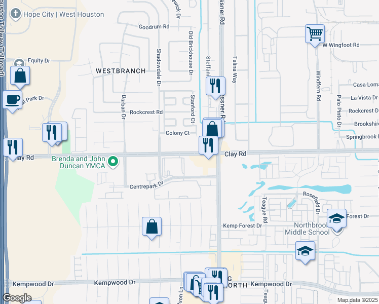 map of restaurants, bars, coffee shops, grocery stores, and more near 10333 Clay Road in Houston