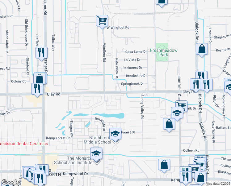 map of restaurants, bars, coffee shops, grocery stores, and more near 9869 Clay Road in Houston