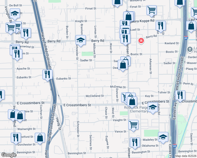 map of restaurants, bars, coffee shops, grocery stores, and more near 2411 Mann Street in Houston