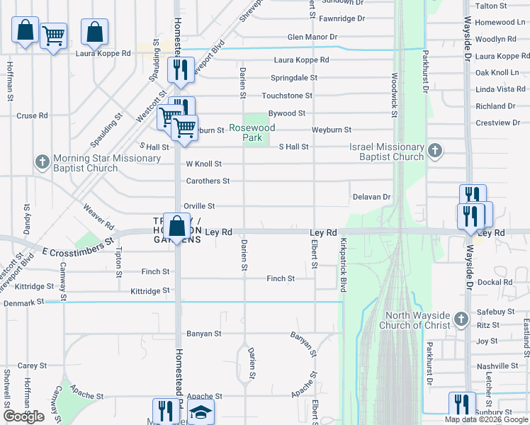 map of restaurants, bars, coffee shops, grocery stores, and more near 7332 Orville Street in Houston