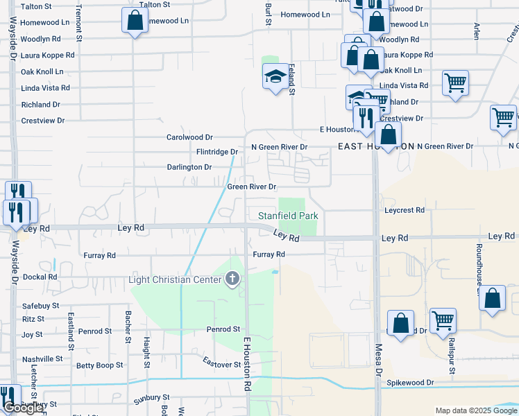 map of restaurants, bars, coffee shops, grocery stores, and more near 7600 East Houston Road in Houston