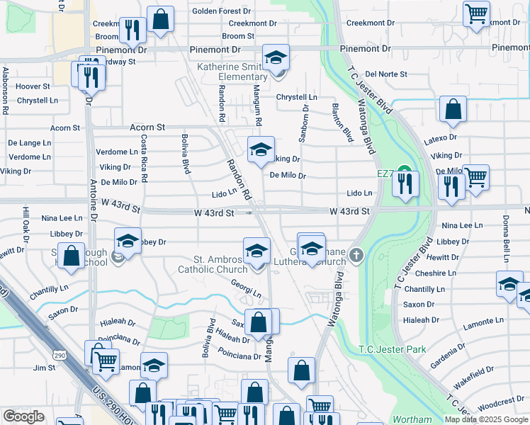 map of restaurants, bars, coffee shops, grocery stores, and more near W 43rd St & Mangum Rd in Houston