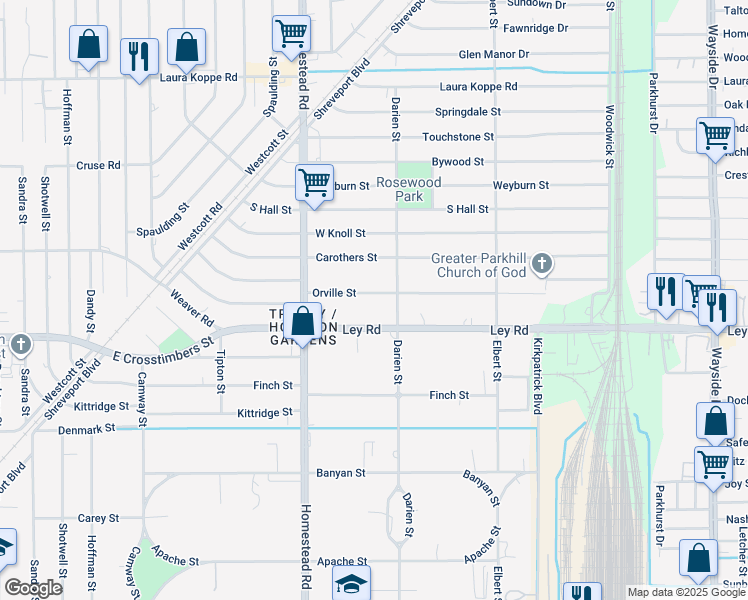 map of restaurants, bars, coffee shops, grocery stores, and more near 7213 Ley Road in Houston