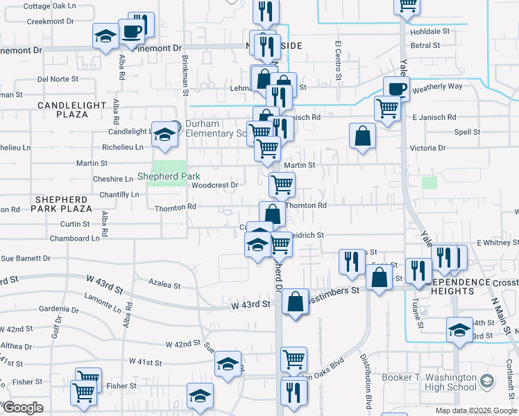 map of restaurants, bars, coffee shops, grocery stores, and more near 4617 North Shepherd Drive in Houston