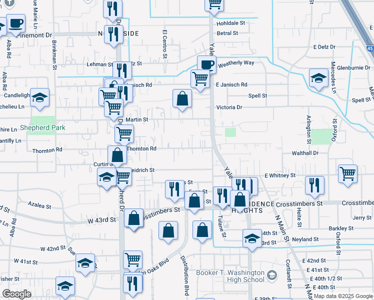 map of restaurants, bars, coffee shops, grocery stores, and more near 327 Thornton Road in Houston
