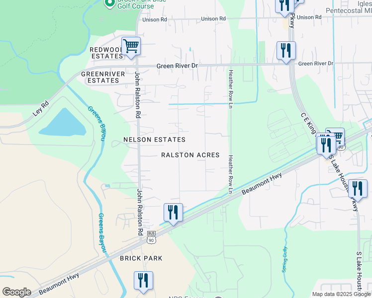 map of restaurants, bars, coffee shops, grocery stores, and more near 7418 Nodding Pines Lane in Houston