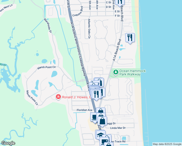 map of restaurants, bars, coffee shops, grocery stores, and more near 201 Sevilla Street in St. Augustine