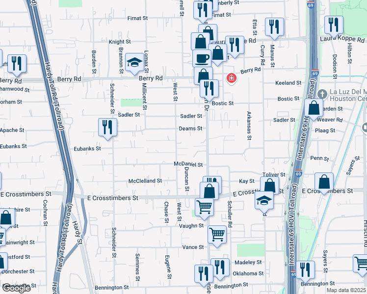 map of restaurants, bars, coffee shops, grocery stores, and more near 7920 West Street in Houston