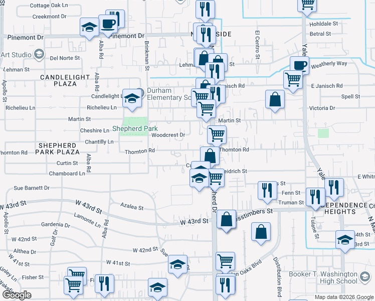 map of restaurants, bars, coffee shops, grocery stores, and more near 814 Curtin Street in Houston