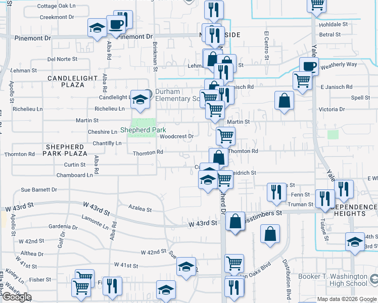map of restaurants, bars, coffee shops, grocery stores, and more near 814 Curtin Street in Houston