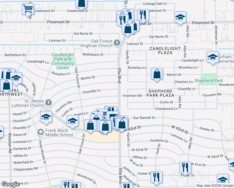 map of restaurants, bars, coffee shops, grocery stores, and more near 4603 Ella Boulevard in Houston
