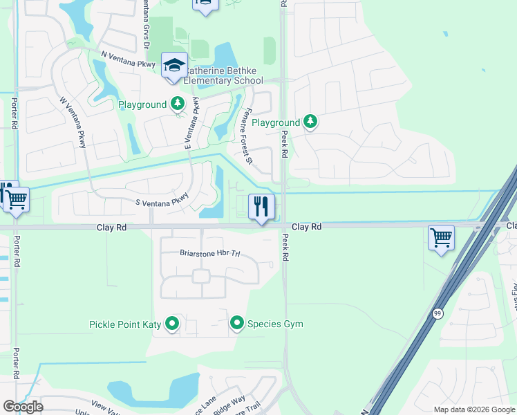 map of restaurants, bars, coffee shops, grocery stores, and more near 23100 Clay Road in Katy