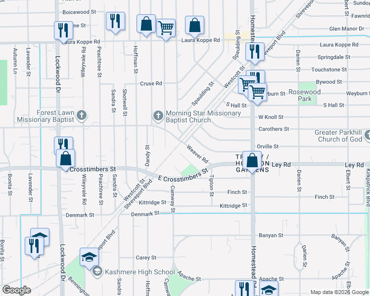 map of restaurants, bars, coffee shops, grocery stores, and more near 6710 Roanoke Street in Houston