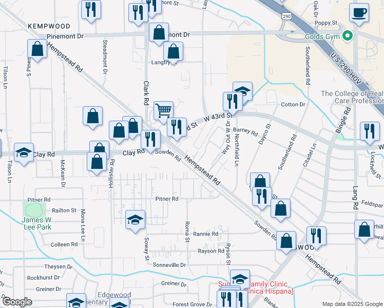 map of restaurants, bars, coffee shops, grocery stores, and more near 12642 Hempstead Road in Houston