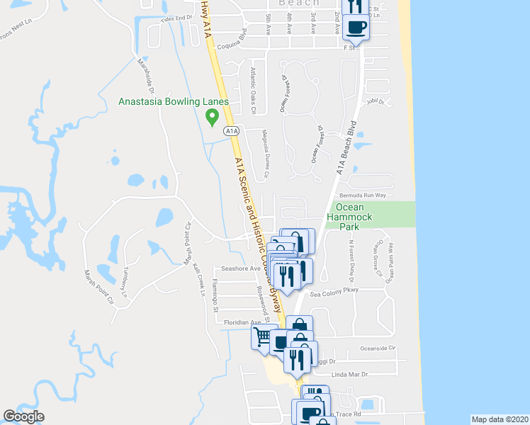 map of restaurants, bars, coffee shops, grocery stores, and more near 201 Sevilla Street in St. Augustine
