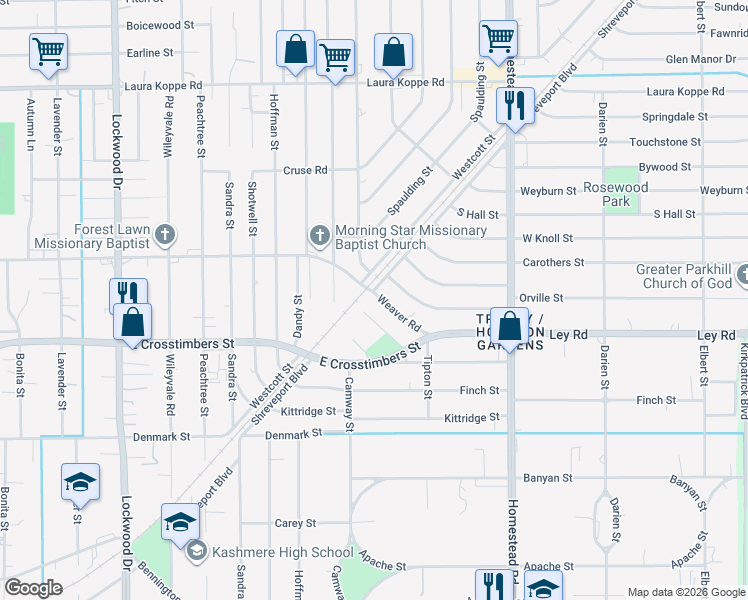 map of restaurants, bars, coffee shops, grocery stores, and more near 6710 Roanoke Street in Houston