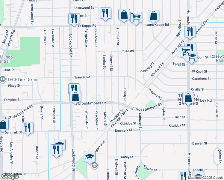 map of restaurants, bars, coffee shops, grocery stores, and more near 7818 Shotwell Street in Houston