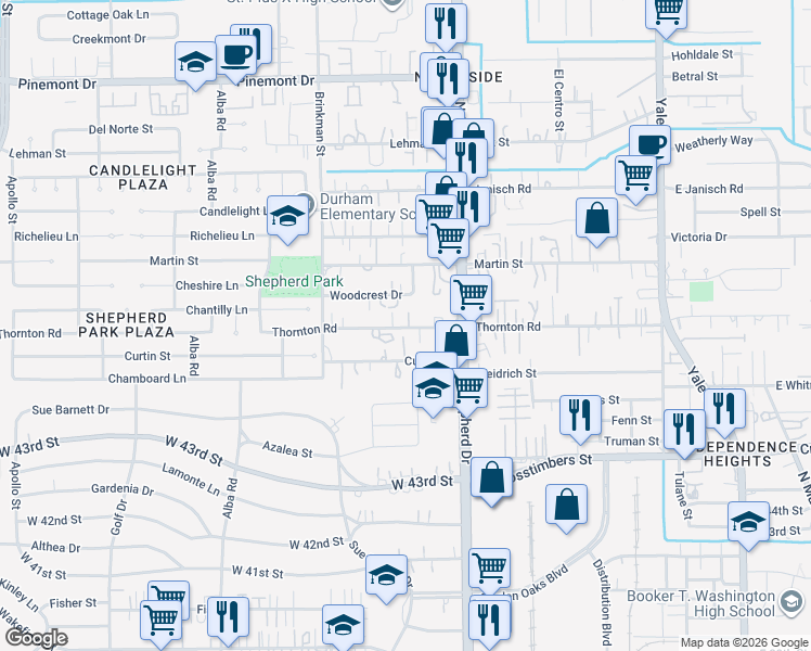 map of restaurants, bars, coffee shops, grocery stores, and more near 814 Curtin Street in Houston