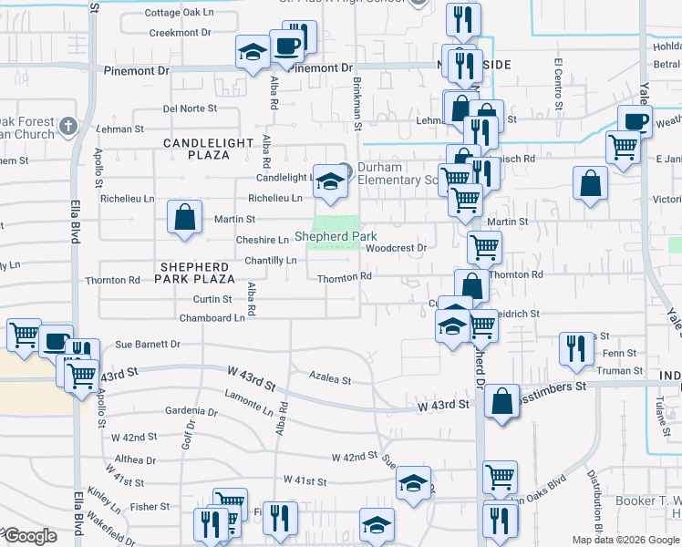 map of restaurants, bars, coffee shops, grocery stores, and more near 942 Curtin Street in Houston