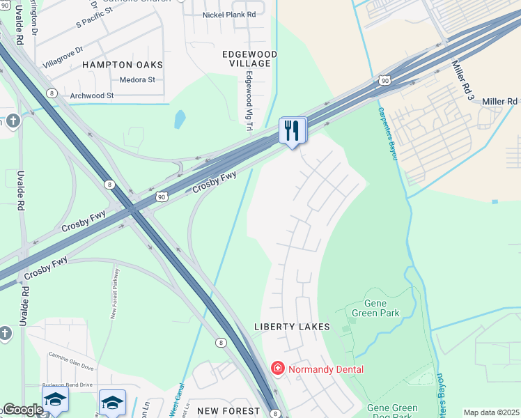 map of restaurants, bars, coffee shops, grocery stores, and more near 14580 Crosby Freeway in Houston