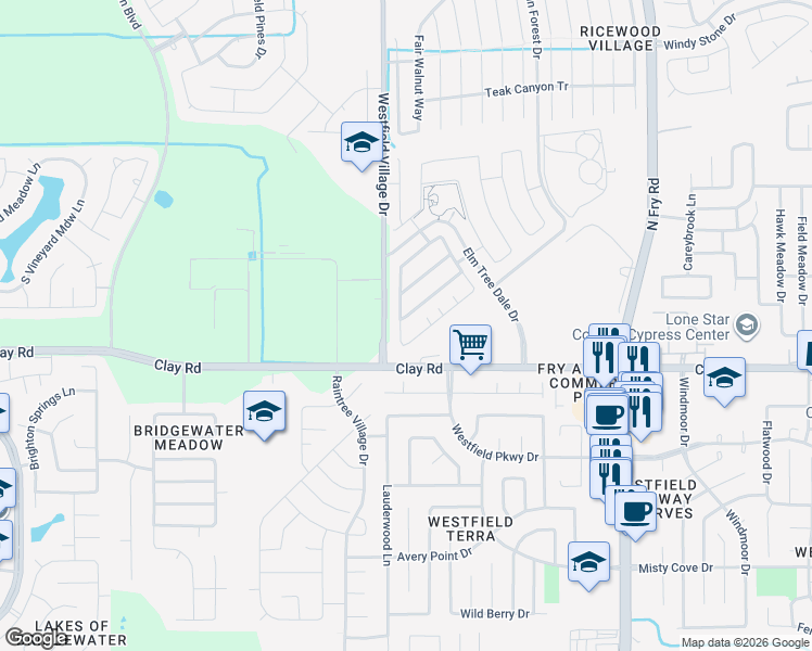 map of restaurants, bars, coffee shops, grocery stores, and more near 20743 Iron Timber Lane in Katy