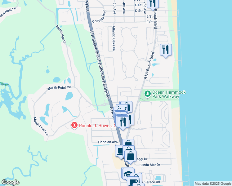 map of restaurants, bars, coffee shops, grocery stores, and more near 201 Sevilla Street in St. Augustine