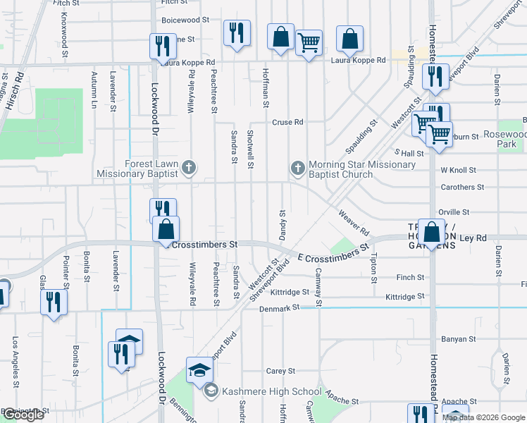 map of restaurants, bars, coffee shops, grocery stores, and more near 7818 Shotwell Street in Houston