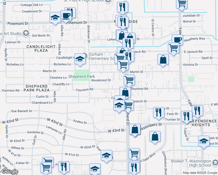map of restaurants, bars, coffee shops, grocery stores, and more near 814 Curtin Street in Houston